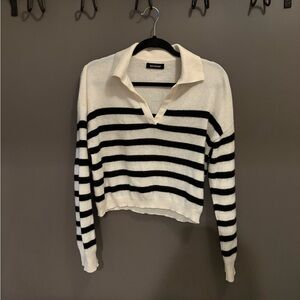 NAADAM 100% Cashmere Polo Sweater in Classic Black and White Stripes - Small